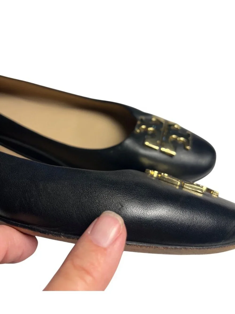 Tory Burch Black Leather Logo Ballet Flats Womens Size 8M With Gold Hardware